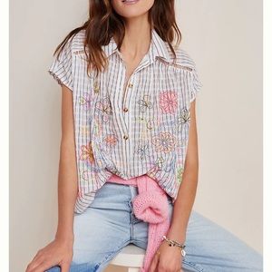 NWT - Anthropologie Pilcro The Serena Surf Henley Blouse, White, Size XS